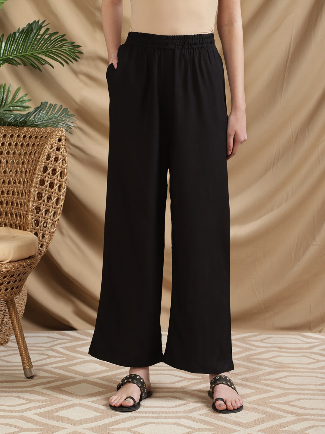 

Rangita Wide Leg Ethnic Palazzos, Black