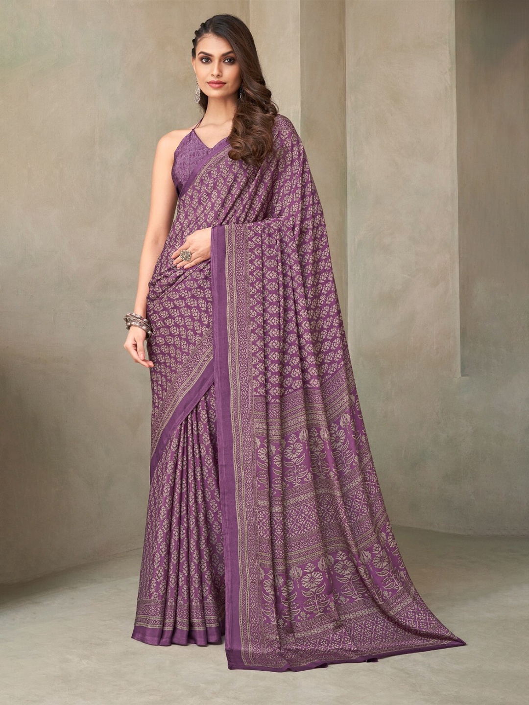 

Reboot Fashions Floral Printed Pure Crepe Saree, Purple