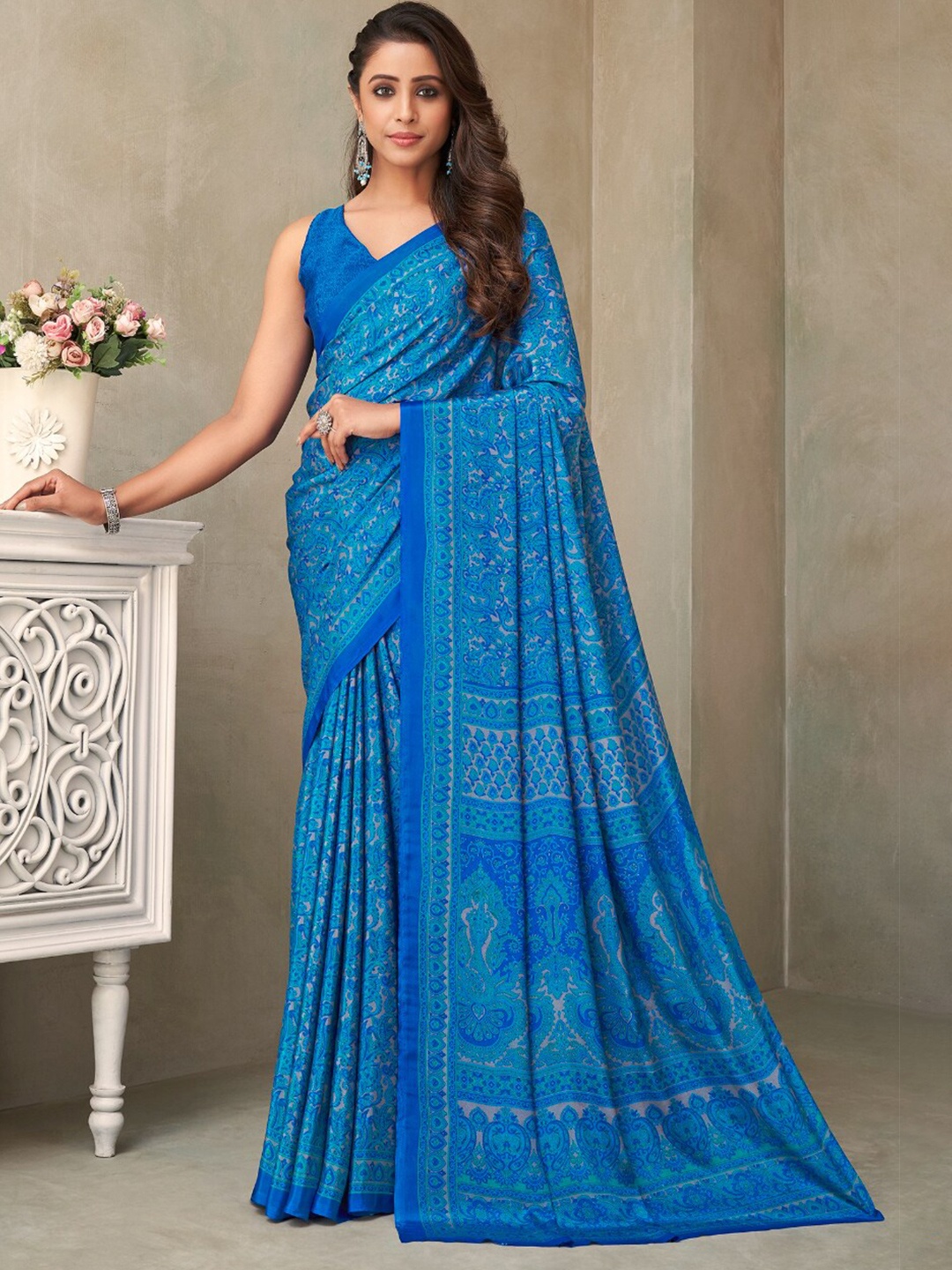 

Reboot Fashions Ethnic Motifs Pure Crepe Saree, Blue