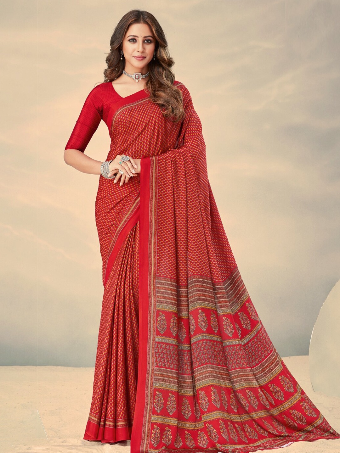 

Reboot Fashions Floral Pure Crepe Saree, Red