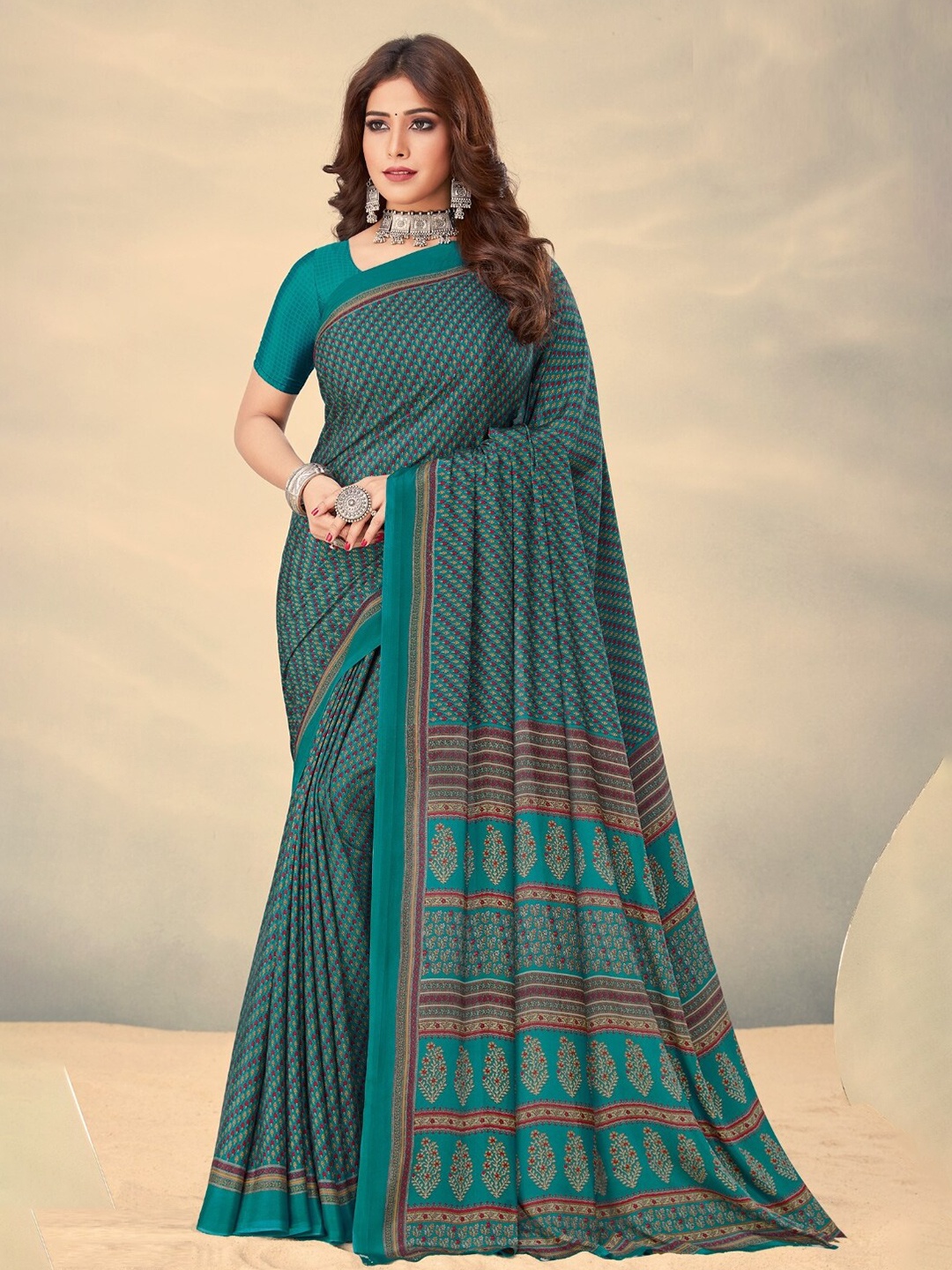 

Reboot Fashions Floral Pure Crepe Saree, Teal