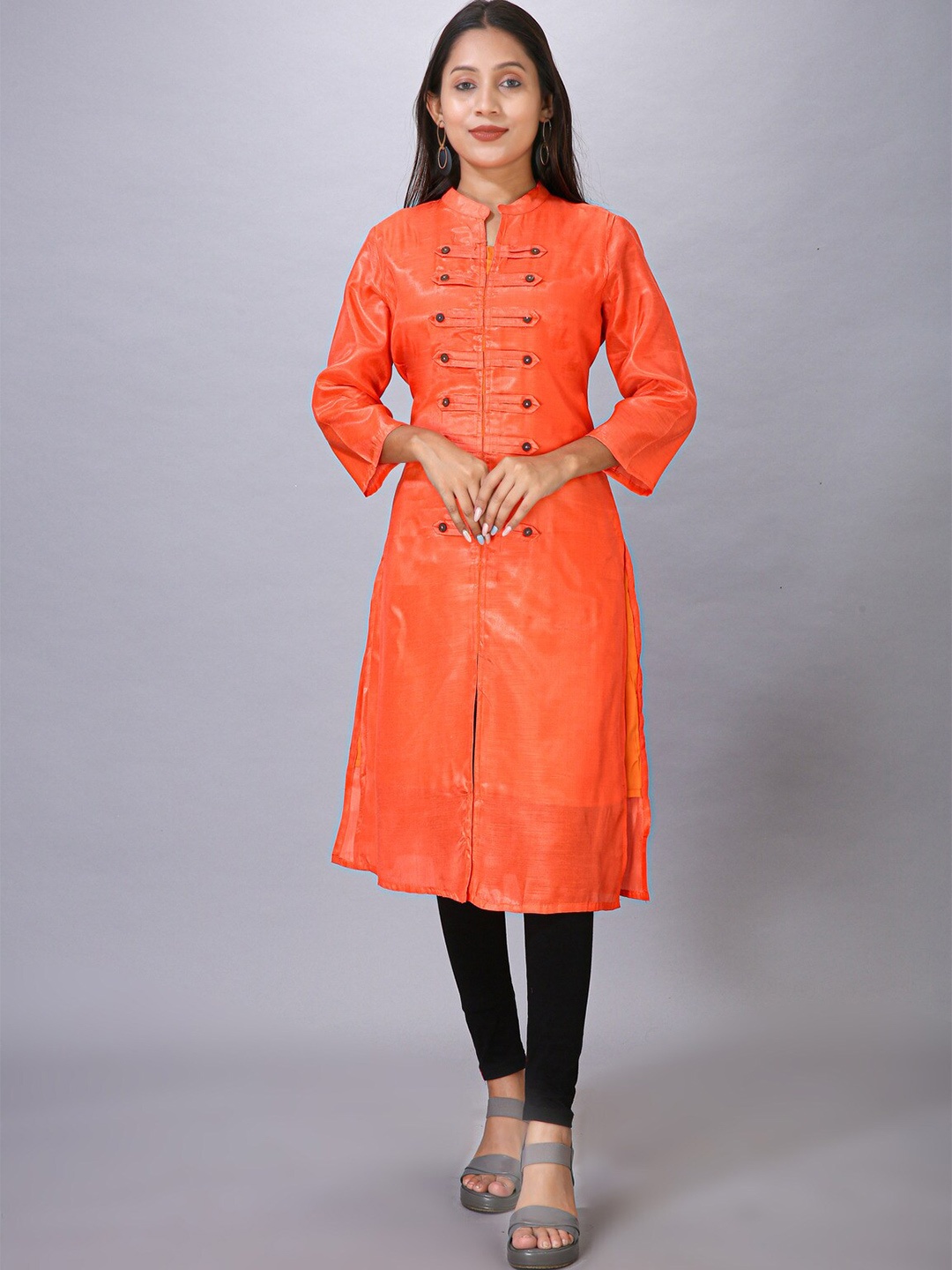

MAIYEE Mandarin Collar Three-Quarter Sleeves Chanderi Cotton Kurta, Orange