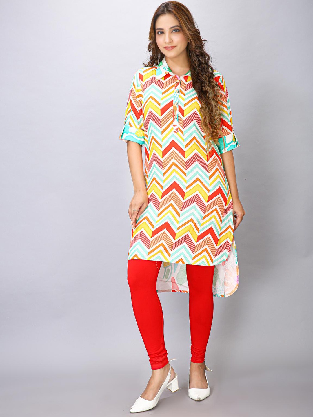 

MAIYEE Chevron Printed Shirt Collar Kurti, Red