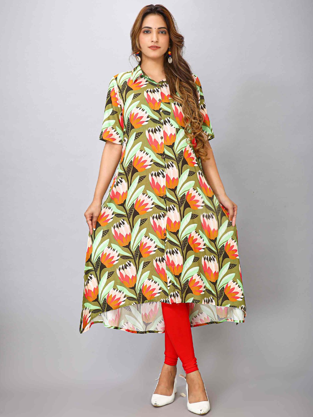 

MAIYEE Floral Printed Shirt Collar Kurta, Green