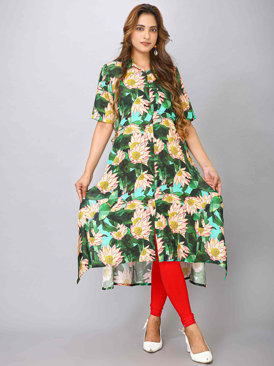

MAIYEE Floral Printed Shirt Collar Kurta, Green