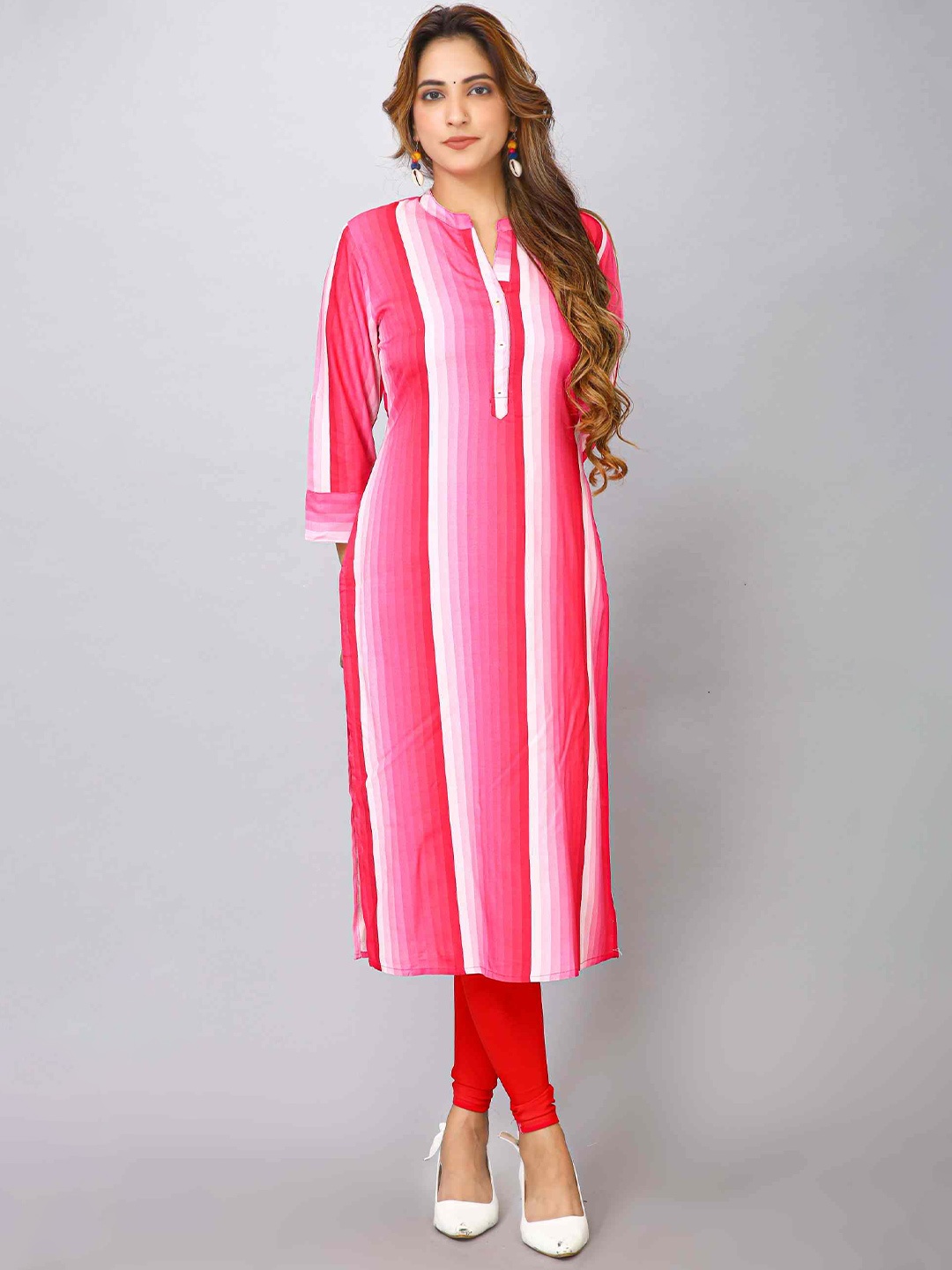 

MAIYEE Striped Mandarin Colla Kurta, Pink
