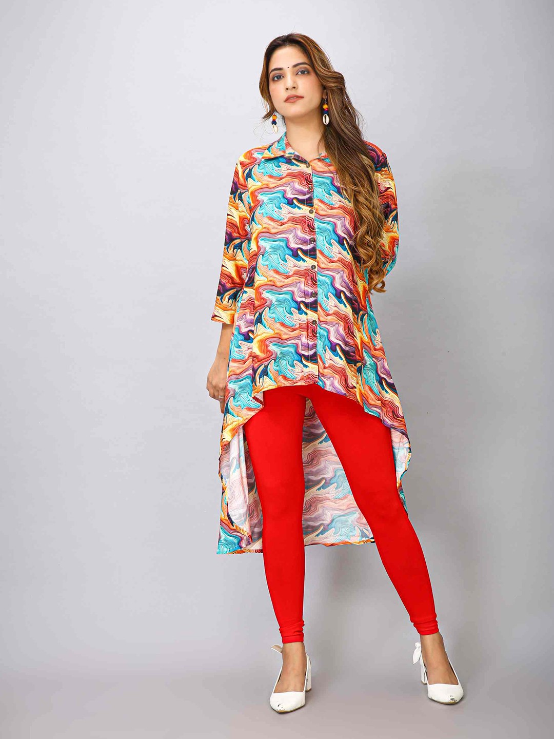

MAIYEE Geometric Printed Shirt Collar Kurti, Blue