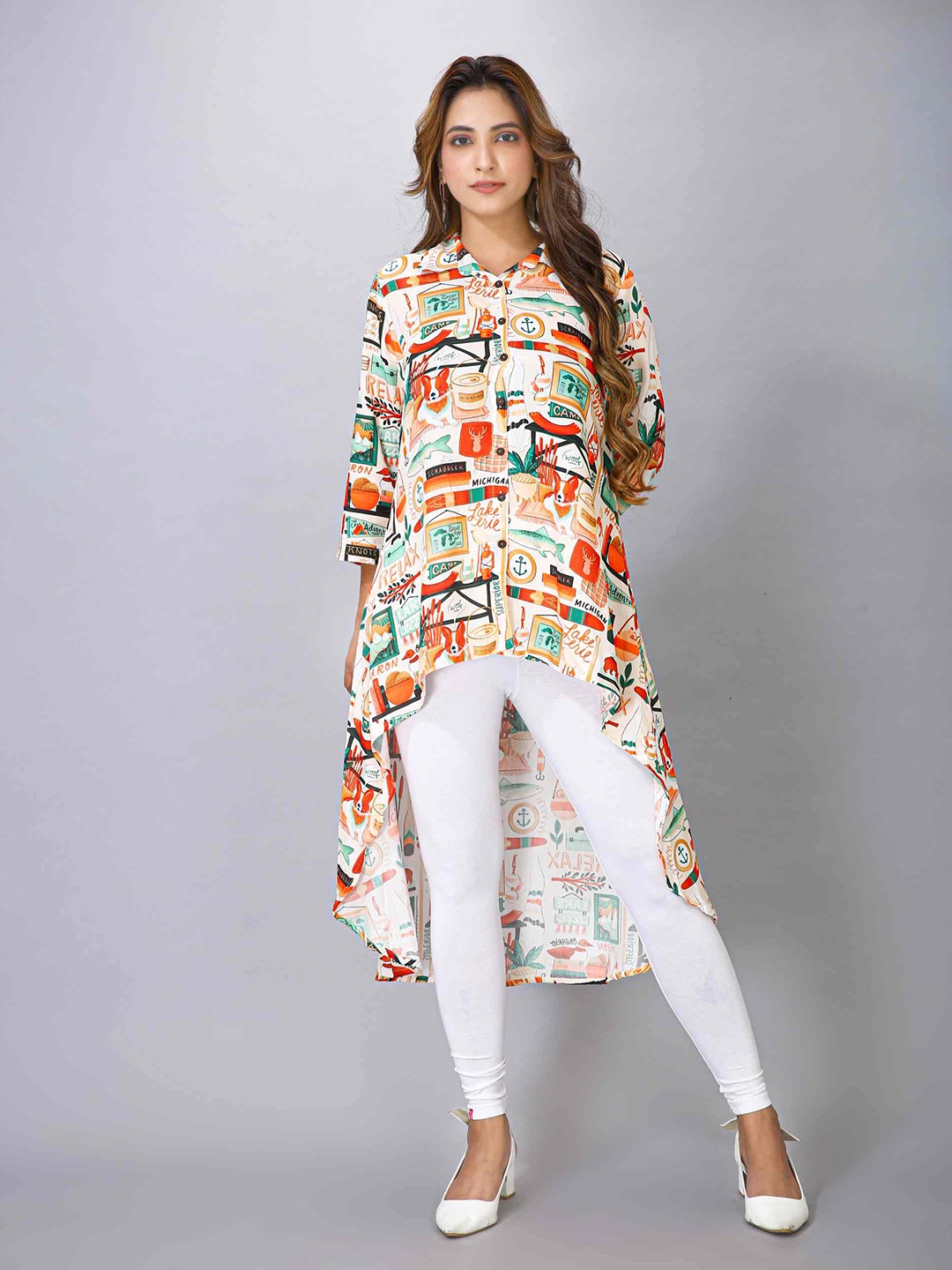 

MAIYEE Conversational Printed Shirt Collar High Low Kurti, White