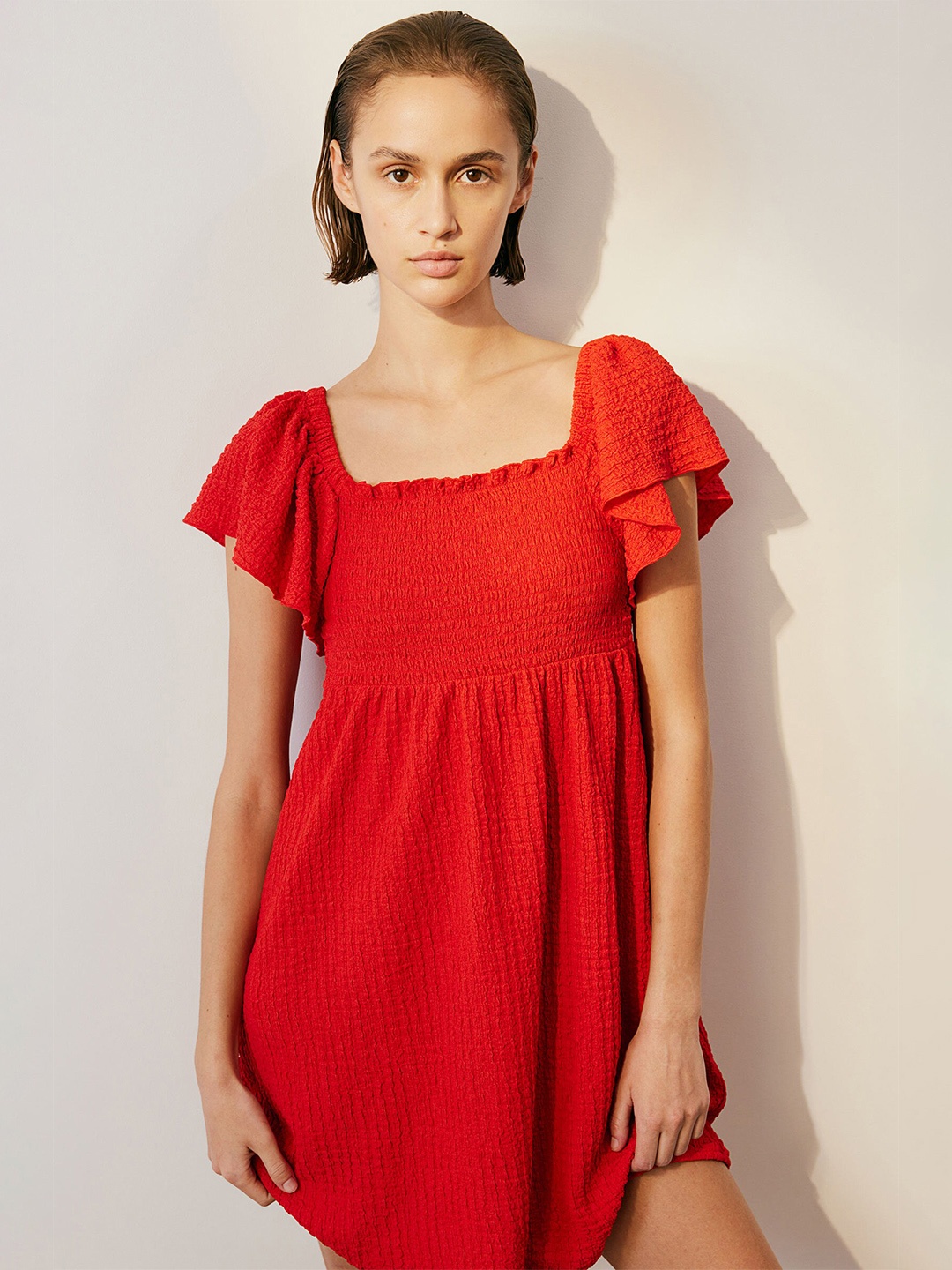 

H&M Smocked-Bodice Dress, Red