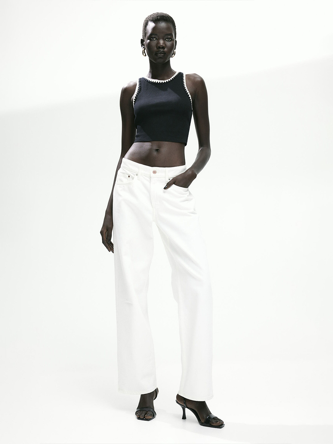 

H&M Lace-Trimmed Cropped Top, Black