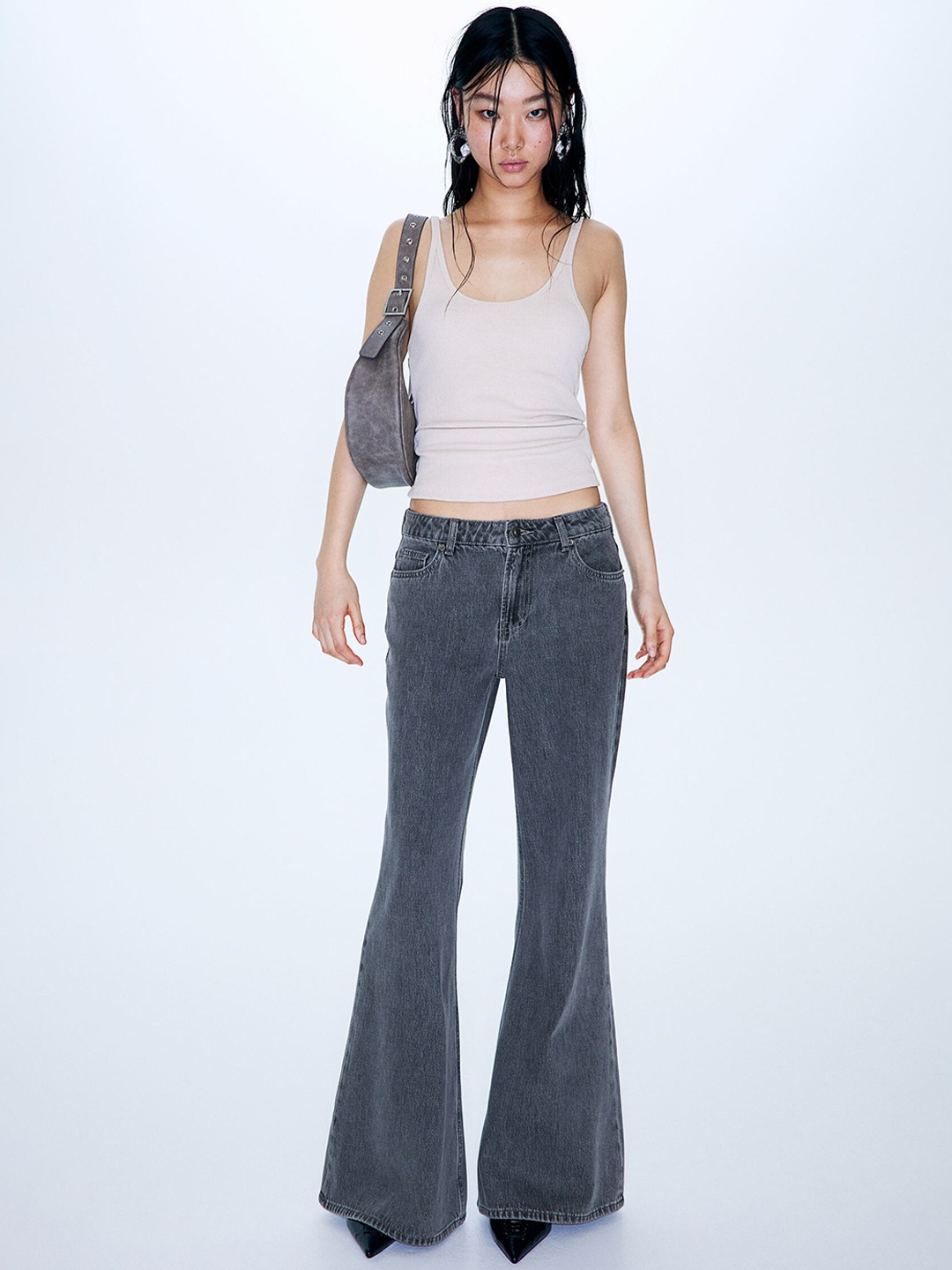 

H&M Women Pure Cotton Flared Regular Jeans, Black