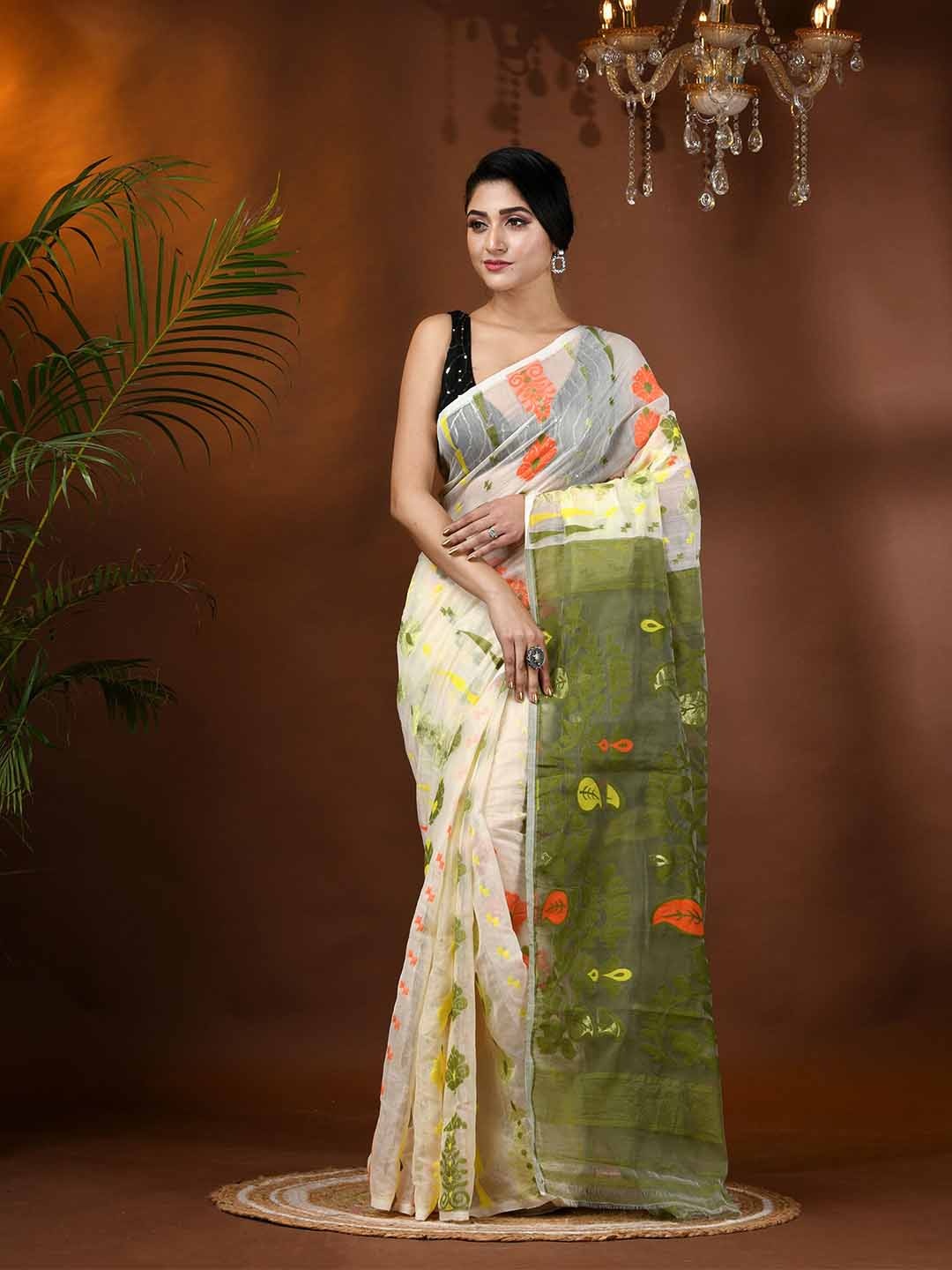 

DESH BIDESH Paisley Woven Design Phulkari Jamdani Saree, White