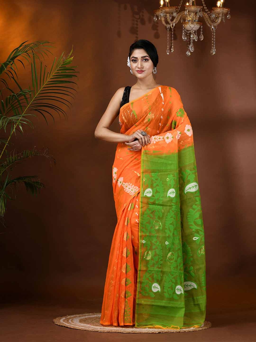 

DESH BIDESH Paisley oven Design Jamdani Saree, Orange