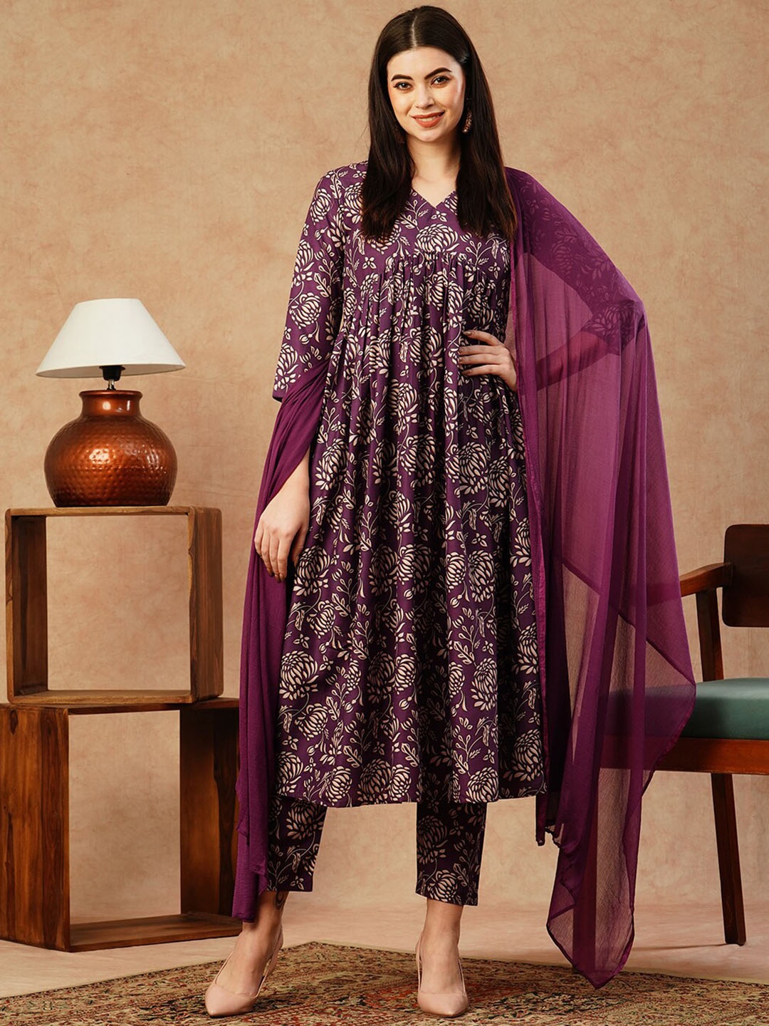 

KALINI Ethnic Motifs Printed V-Neck Empire Anarkali Kurta With Trousers & Dupatta, Magenta