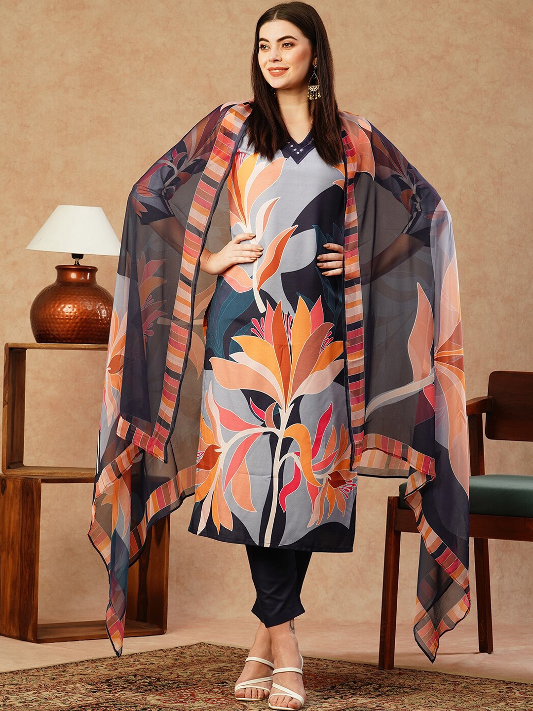 

KALINI Floral Printed V-Neck Three-Quarter Sleeves Kurta with Trousers & With Dupatta, Navy blue