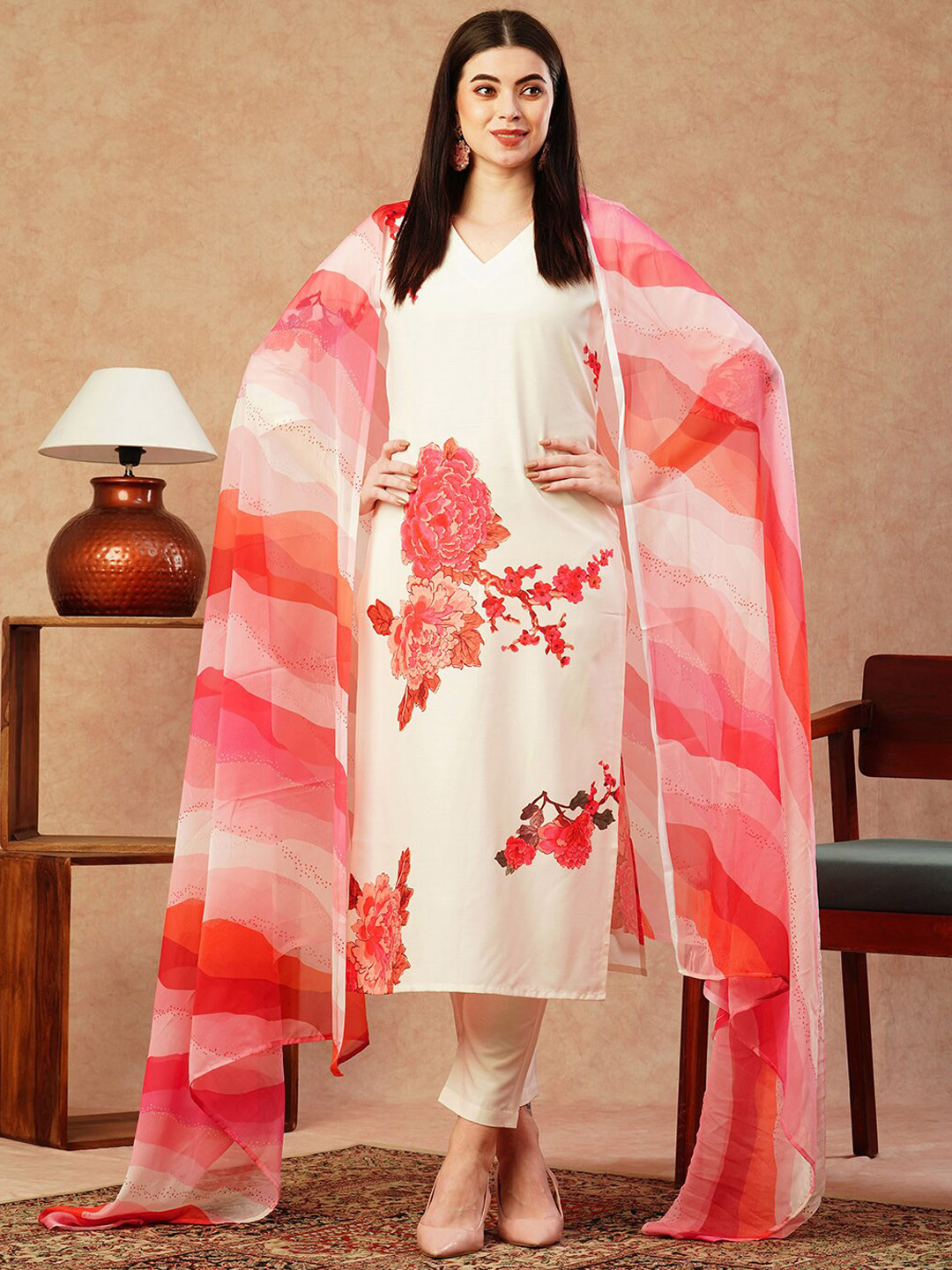 

KALINI Floral Printed V-Neck Kurta with Trousers & Dupatta, Cream