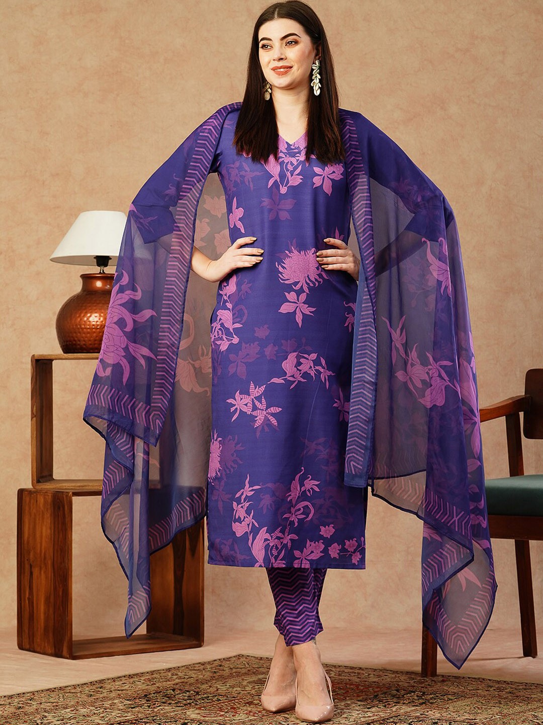 

KALINI Floral Printed Straight Kurta With Trousers & Dupatta, Blue