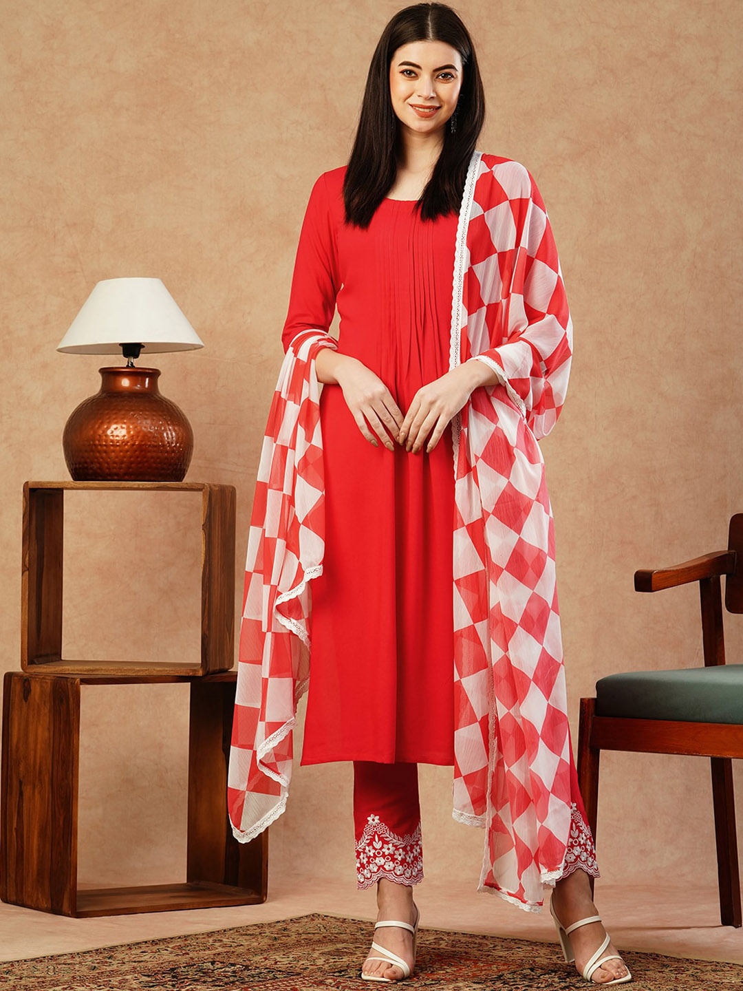 

KALINI A-Line Kurta With Trousers & Dupatta, Red