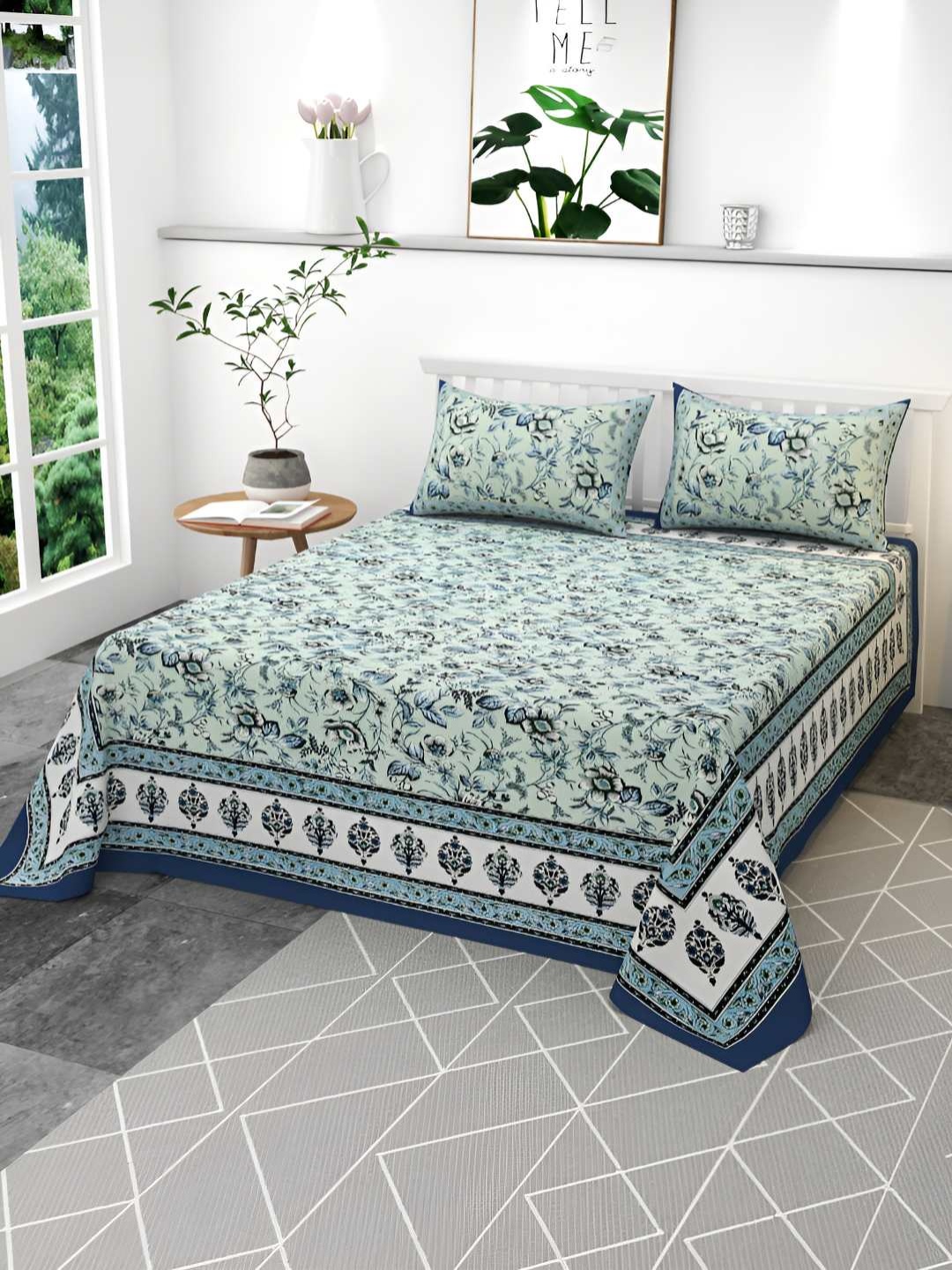 

CLIO'S HERITAGE STORE Blue & Green Floral 210 TC King Bedsheet With 2 Pillow Covers