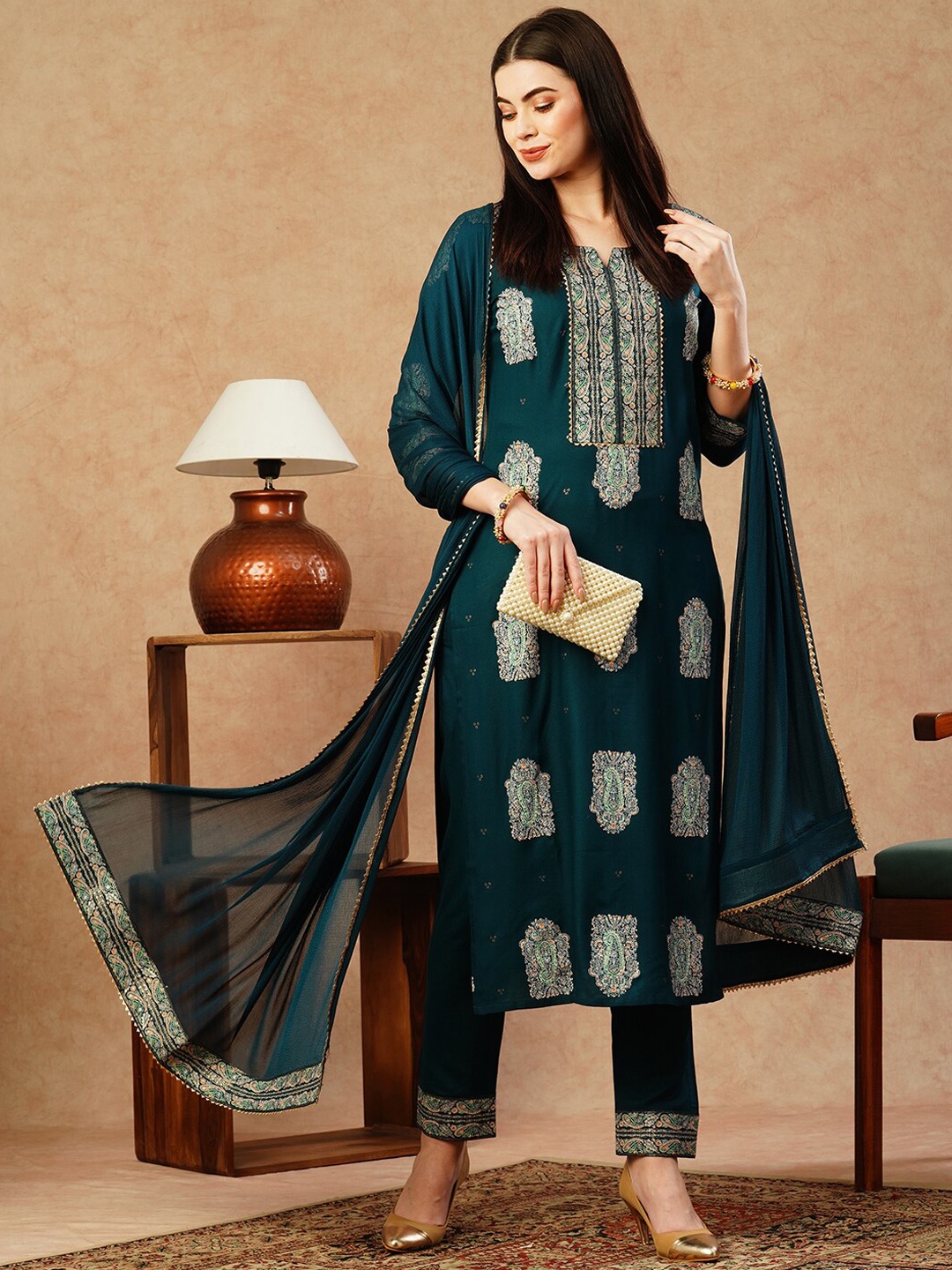 

KALINI Ethnic Motifs Printed Straight Kurta With Trousers & Dupatta, Blue