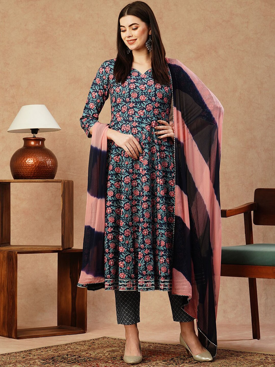

KALINI Floral Printed Regular Anarkali Kurta With Trousers & Dupatta, Blue