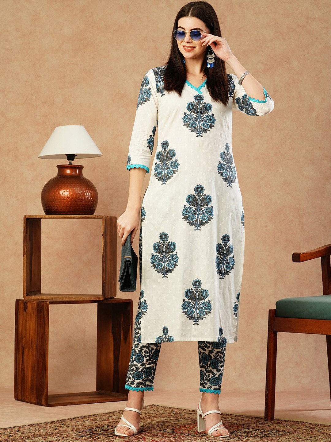 

KALINI Floral Printed Regular Straight Thread Work Kurta With Trousers, White