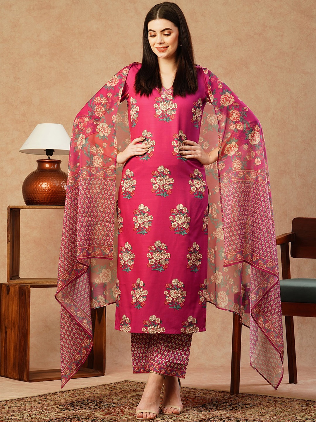 

KALINI Floral Printed Regular Kurta with Palazzos & With Dupatta, Pink