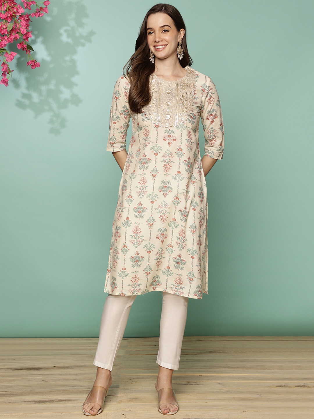 Rangita Floral Printed Thread Work Pastel Pure Cotton Kurta, Cream