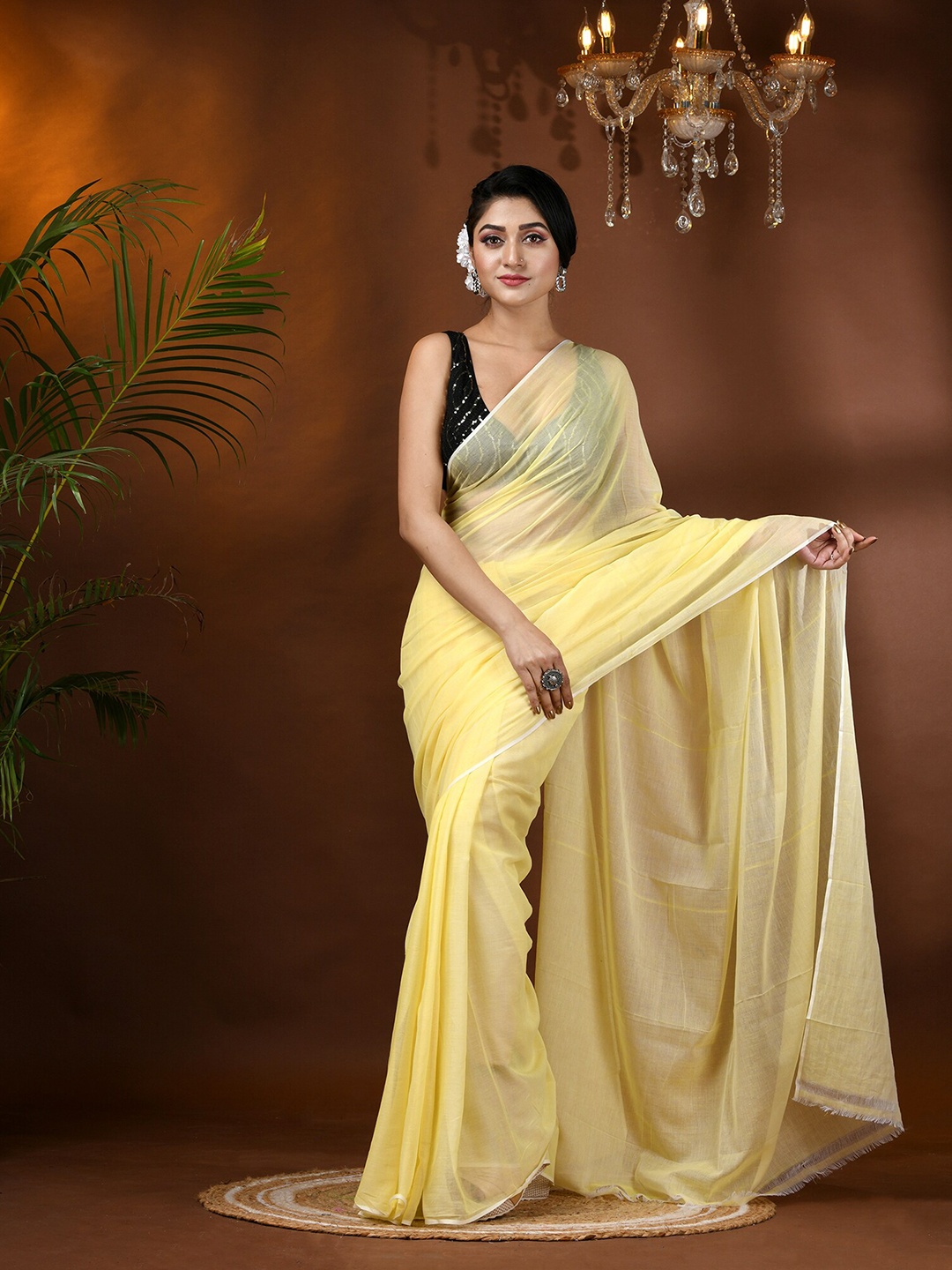 

DESH BIDESH Solid Soft Mulmul Cotton Saree, Yellow