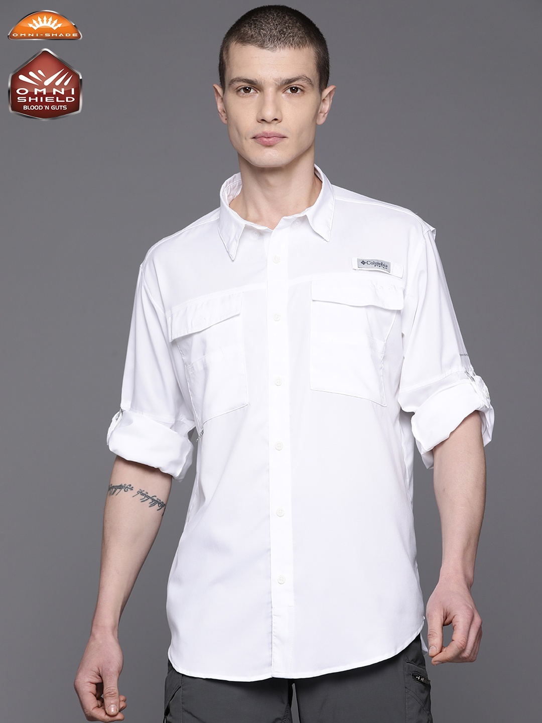 

Columbia Men Standard White Blood & Guts IV Woven Roll-Up Sleeves Casual Shirt