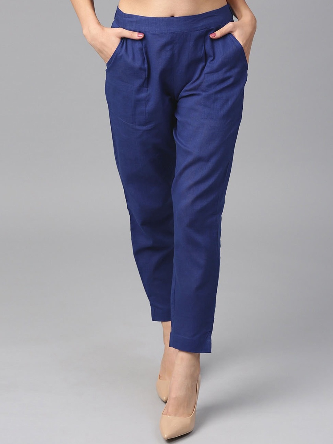 

Globon Impex Women High-Rise Pleated Cotton Peg Trousers, Blue