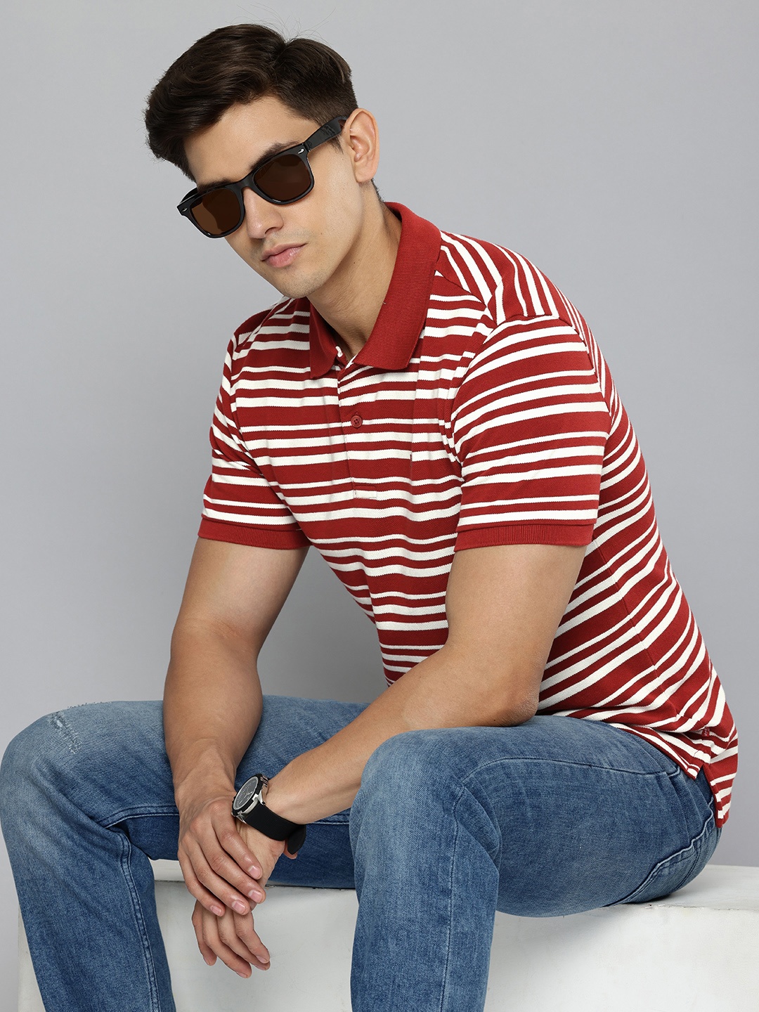 

Levis Men Striped Polo Collar Pure Cotton Slim Fit T-shirt, Red