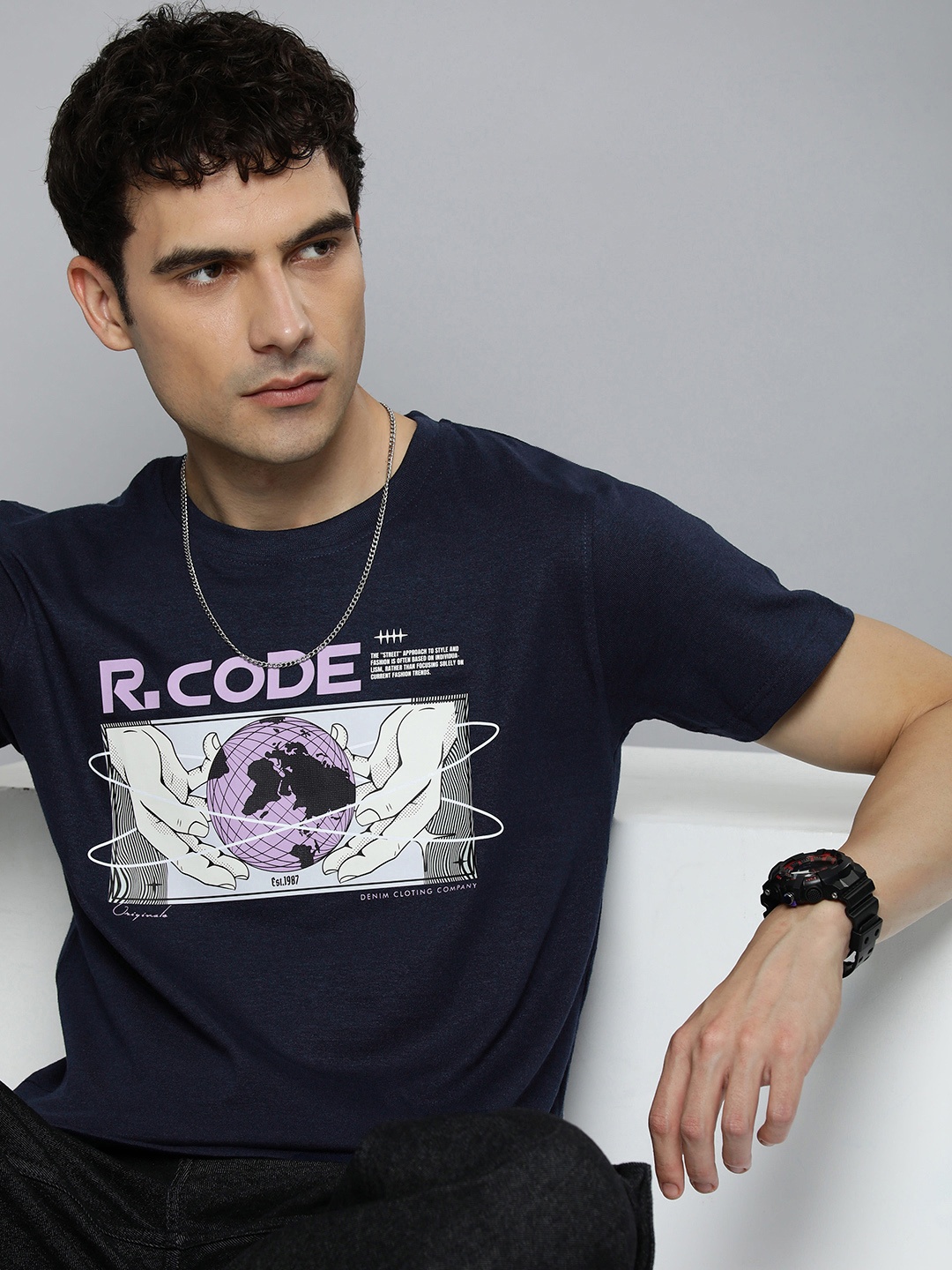 

R.Code by The Roadster Life Co. Men Graphic Printed T-shirt, Navy blue