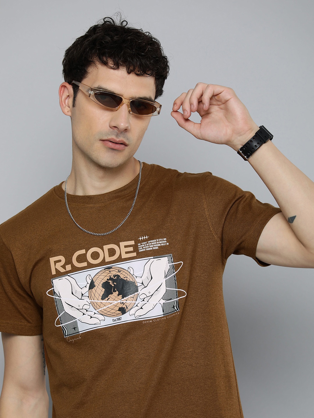 

R.Code by The Roadster Life Co. Men Graphic Printed T-shirt, Brown