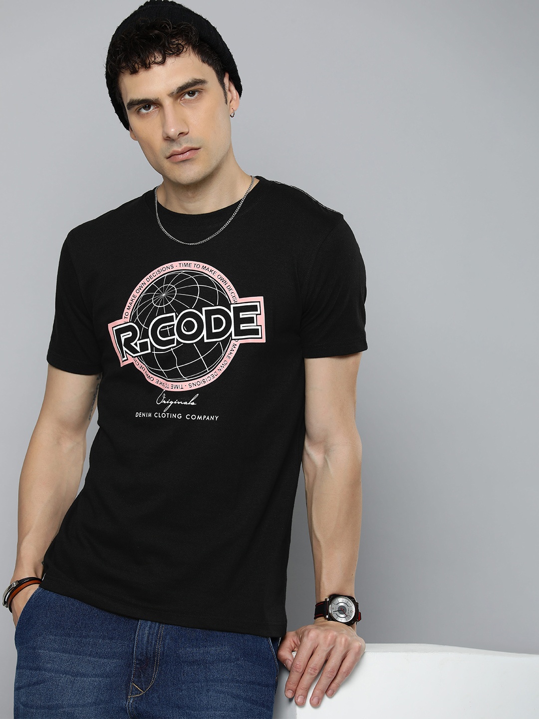 

R.Code by The Roadster Life Co. Men Graphic Printed T-shirt, Black