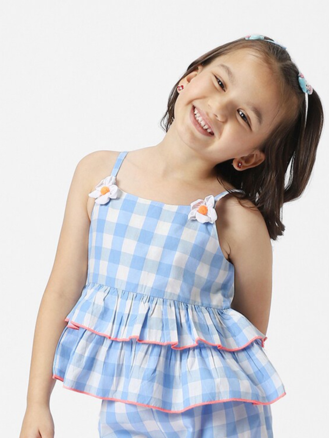

Nauti Nati Girls Checked Pure Cotton Top with Trousers, Blue