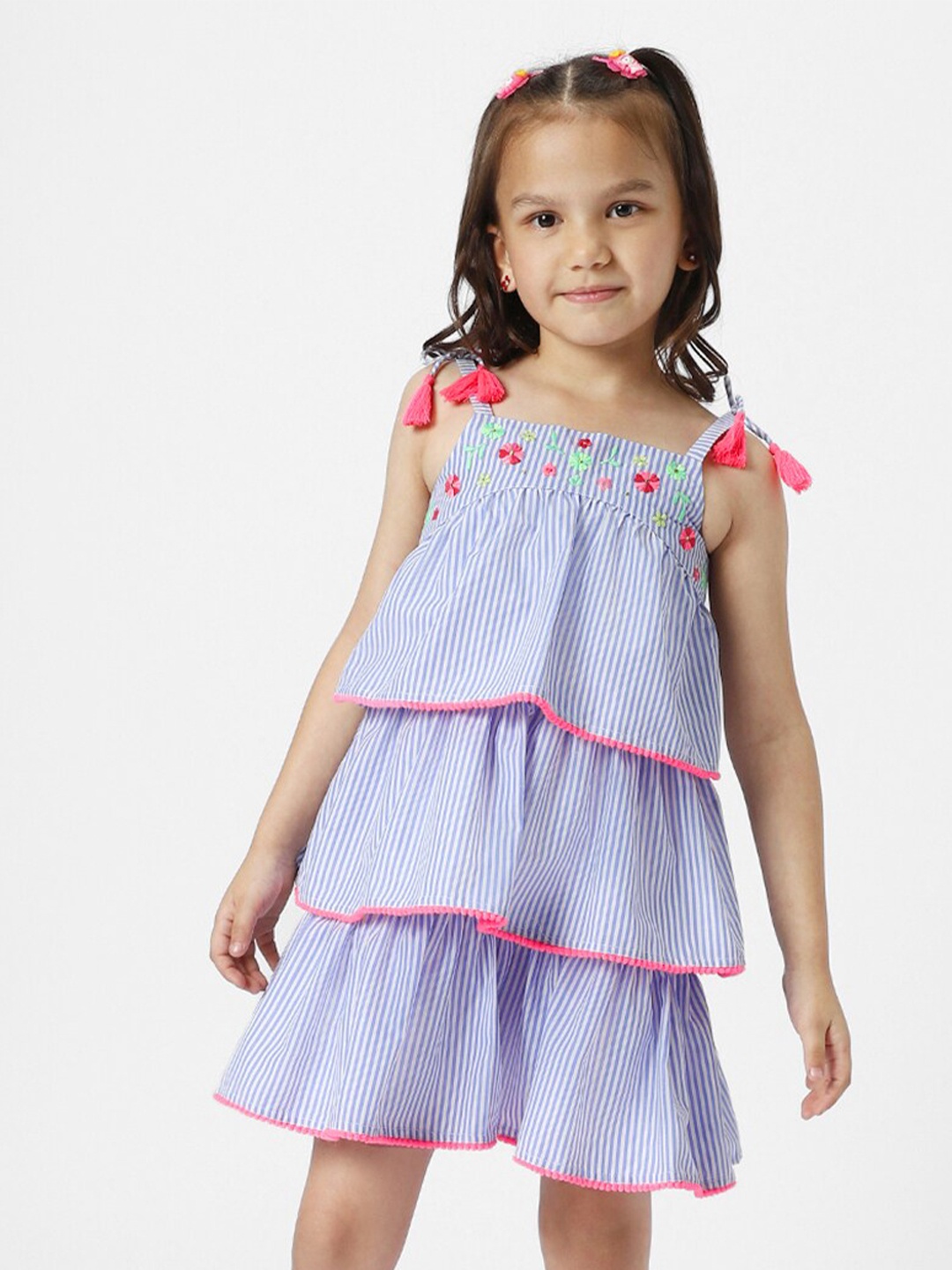 

Nauti Nati Striped Shoulder Straps Layered Embroidery Cotton A-Line Dress, Blue