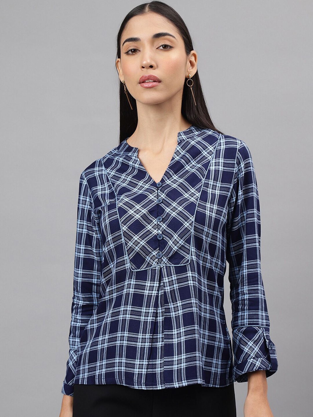 

Latin Quarters Checked Mandarin Collar Top, Navy blue