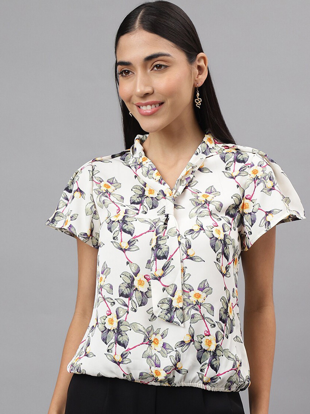 

Latin Quarters Floral Print Tie-Up Neck Flared Sleeve Opaque Top, Cream