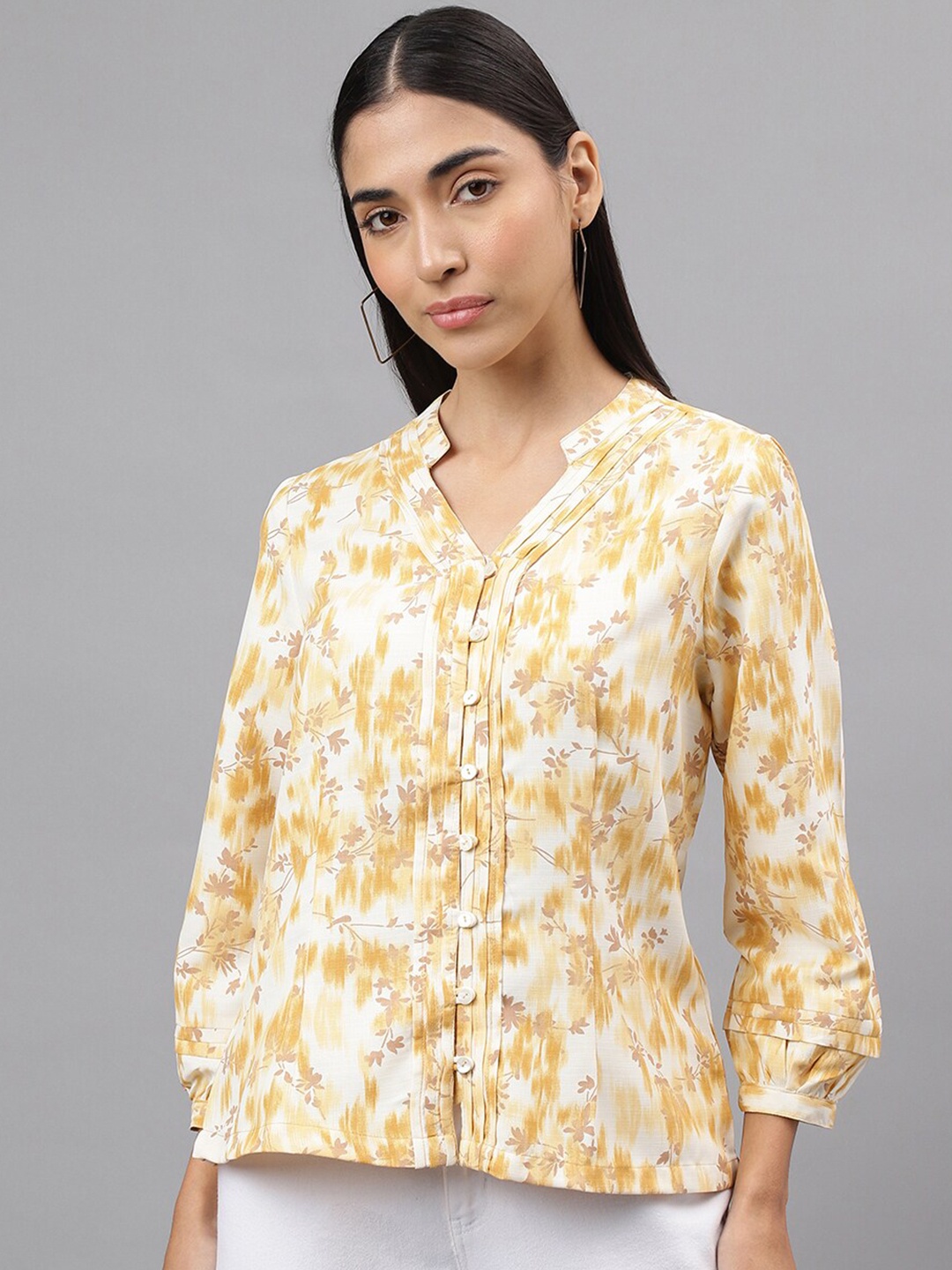 

Latin Quarters Floral Print V-Neck Puff Sleeve Shirt Style Top, Yellow