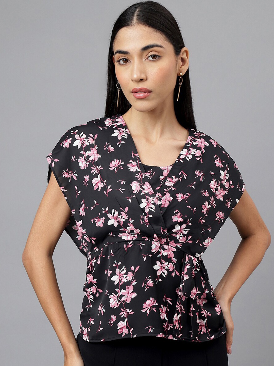 

Latin Quarters Floral Print V-Neck Extended Sleeves Cinched Waist Top, Black