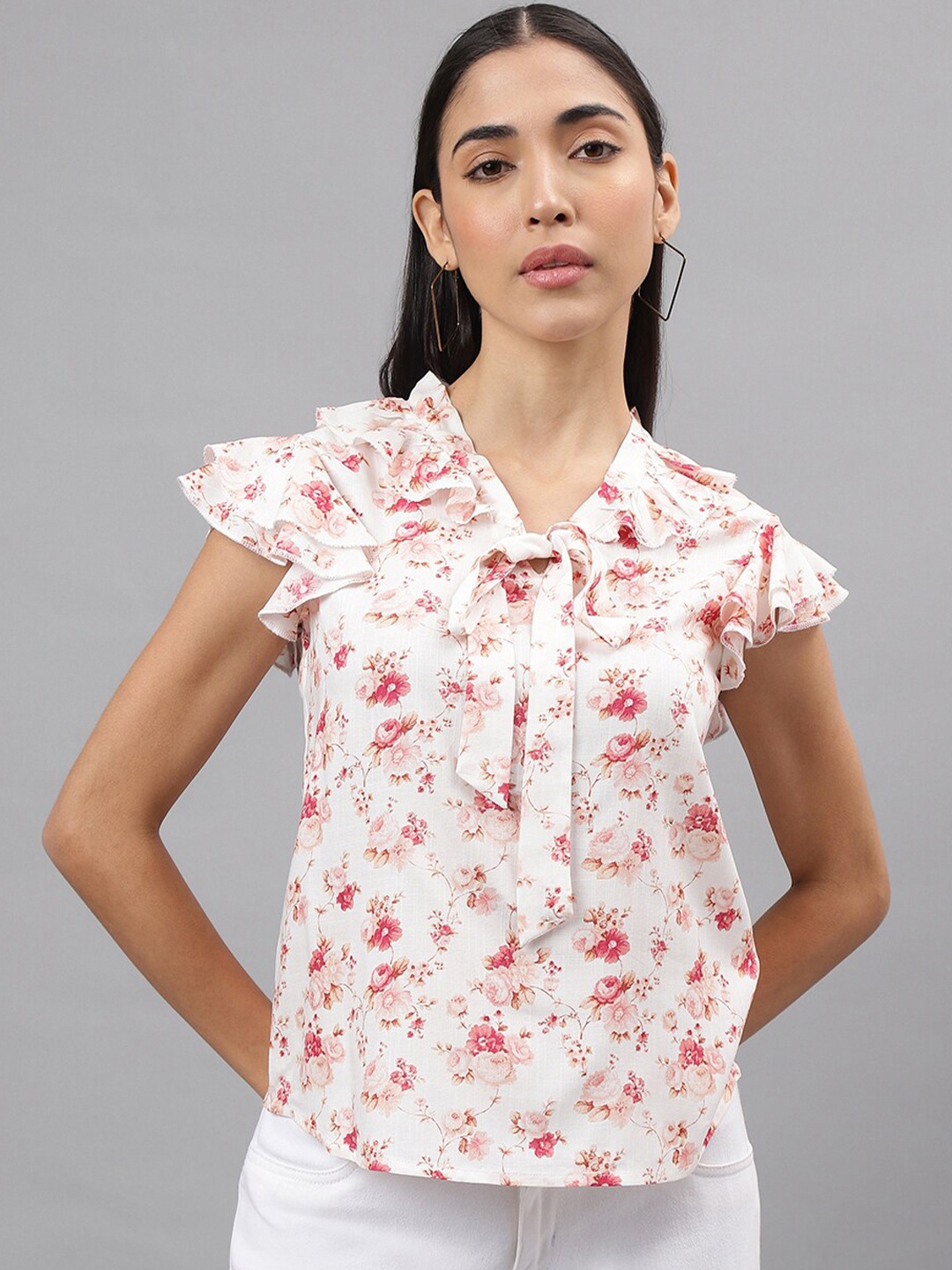 

Latin Quarters Floral Print Tie-Up Neck Flutter Sleeve Opaque Casual Top, Pink