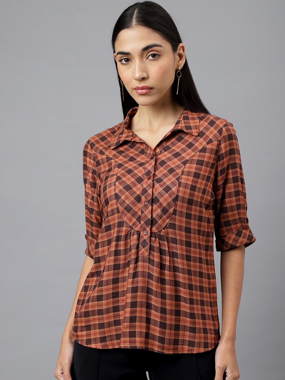 

Latin Quarters Checked Roll-Up Sleeves Shirt Style Top, Brown