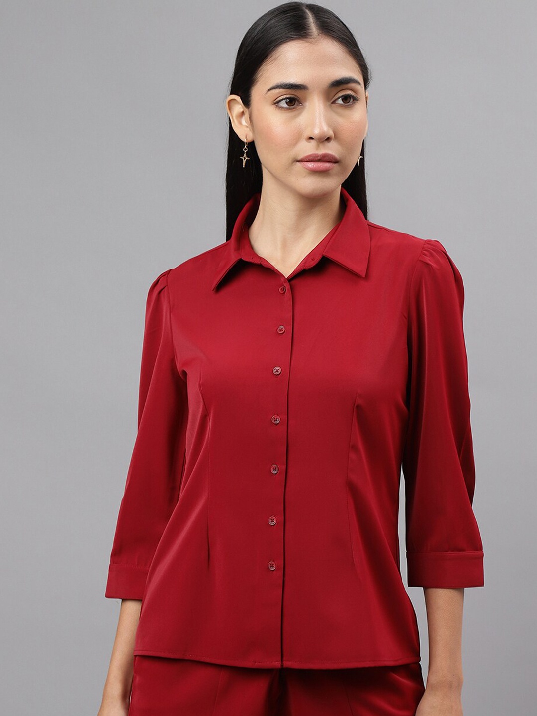 

Latin Quarters Shirt Collar Three-Quarter Sleeves Opaque Shirt Style Top, Maroon