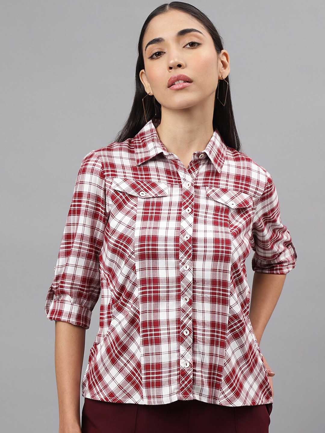 

Latin Quarters Checked Roll-Up Sleeves Opaque Shirt Style Top, Red