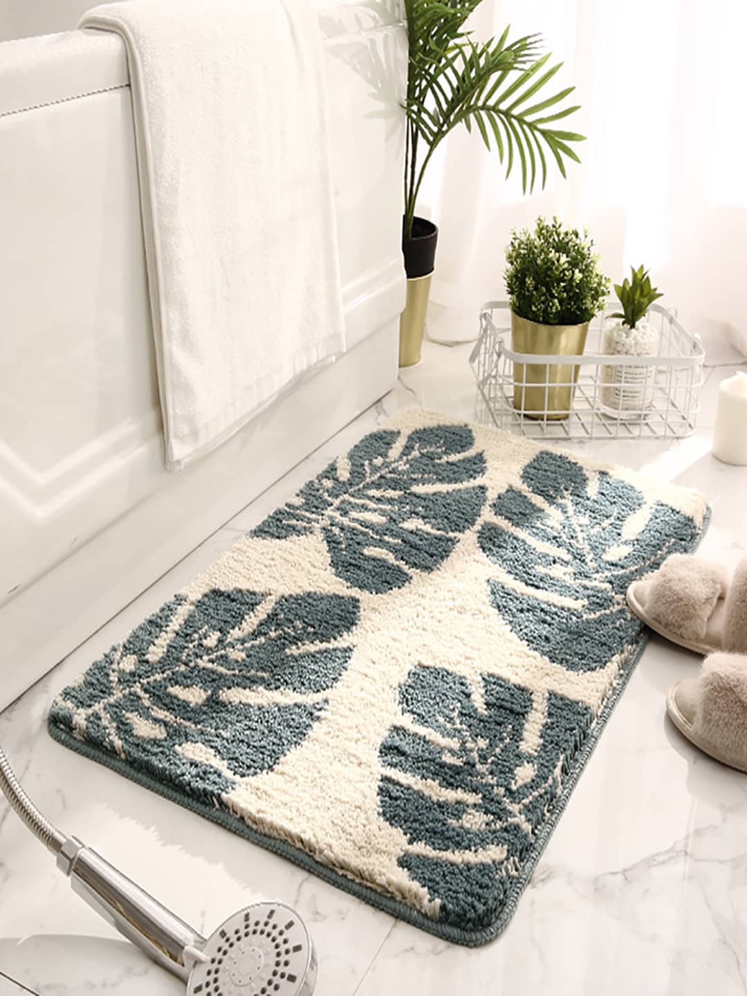 

Kuber Industries Beige & Green Printed Extra Soft Bathroom Mat