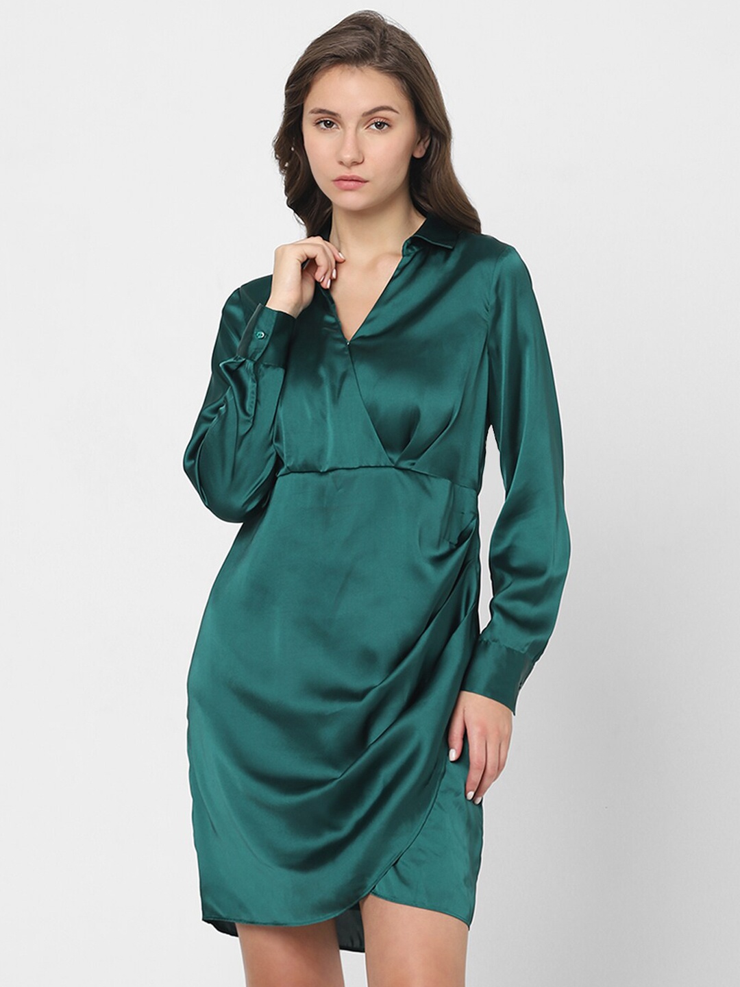 

Vero Moda Asymmetric Above Knee Cuffed Sleeves Wrap Dress, Green