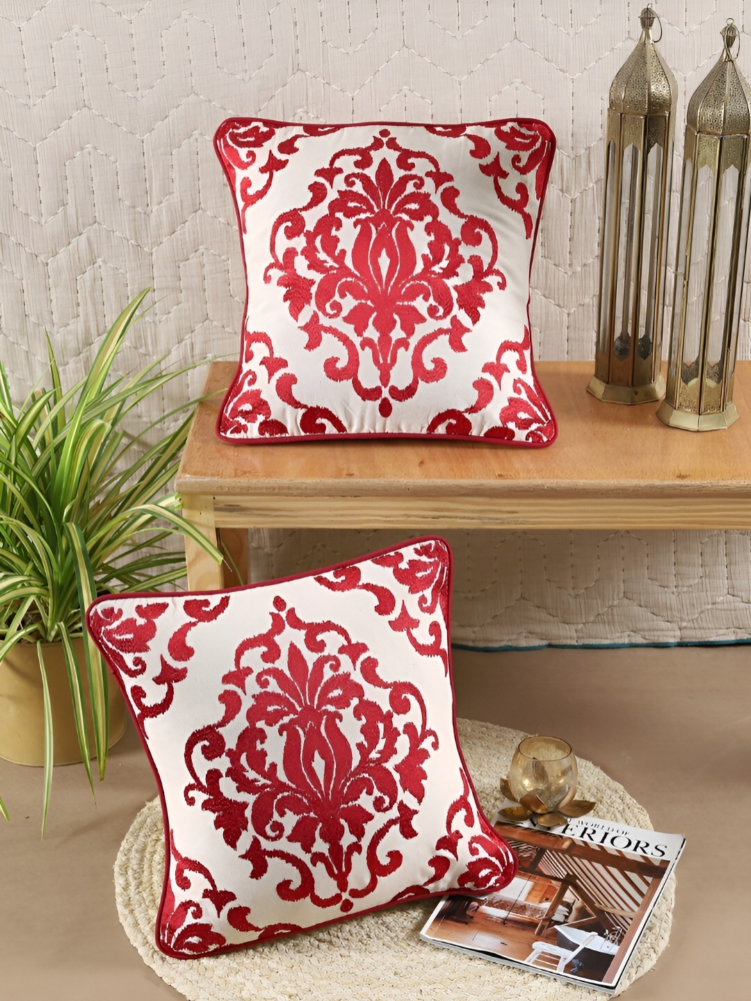 

Ratan Cart Red & White 2 Pcs Embroidered Square Cotton Cushion Covers