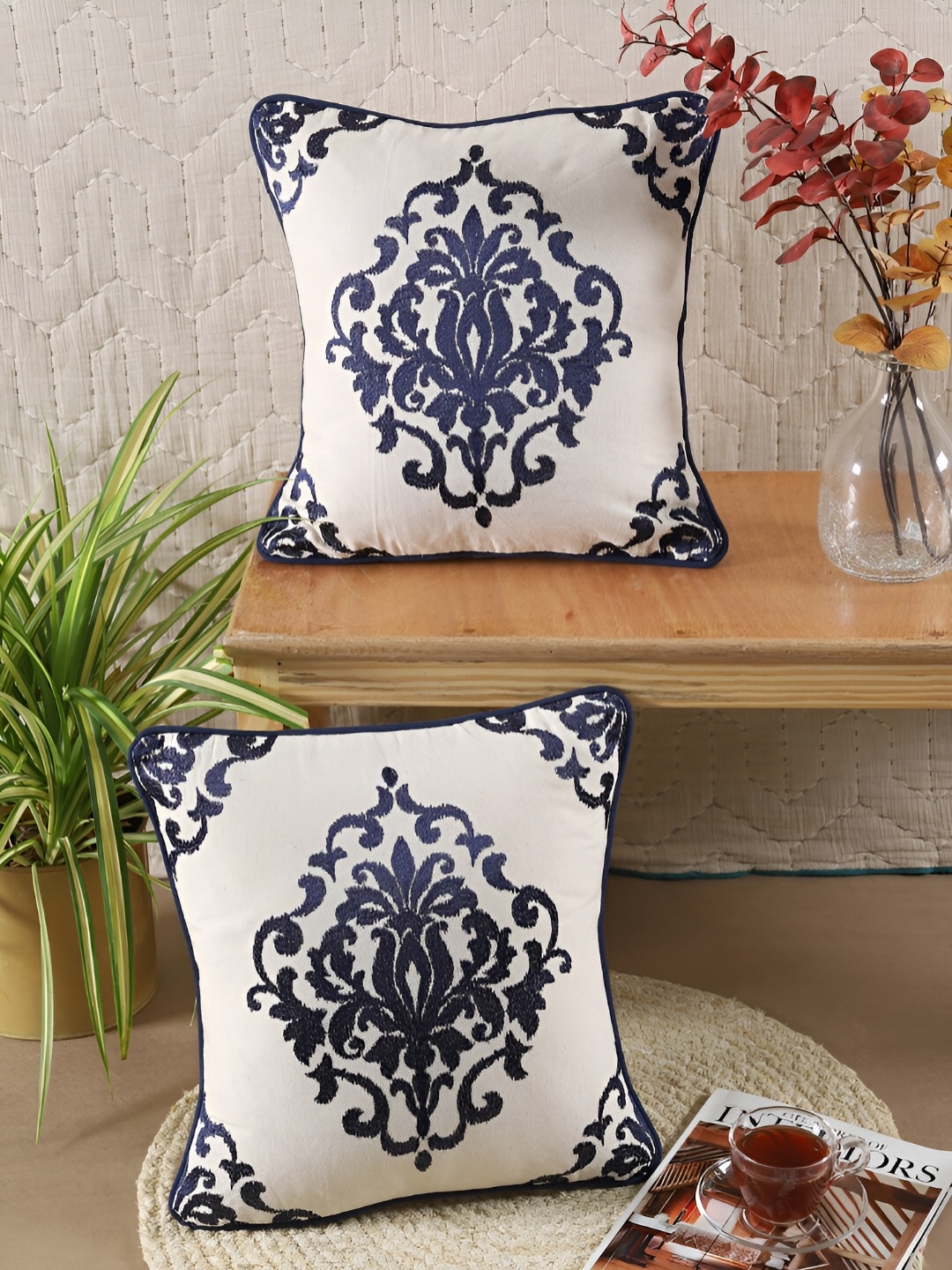 

TARAN LIVING Blue & White 2 Pcs Embroidered Square Cotton Cushion Covers