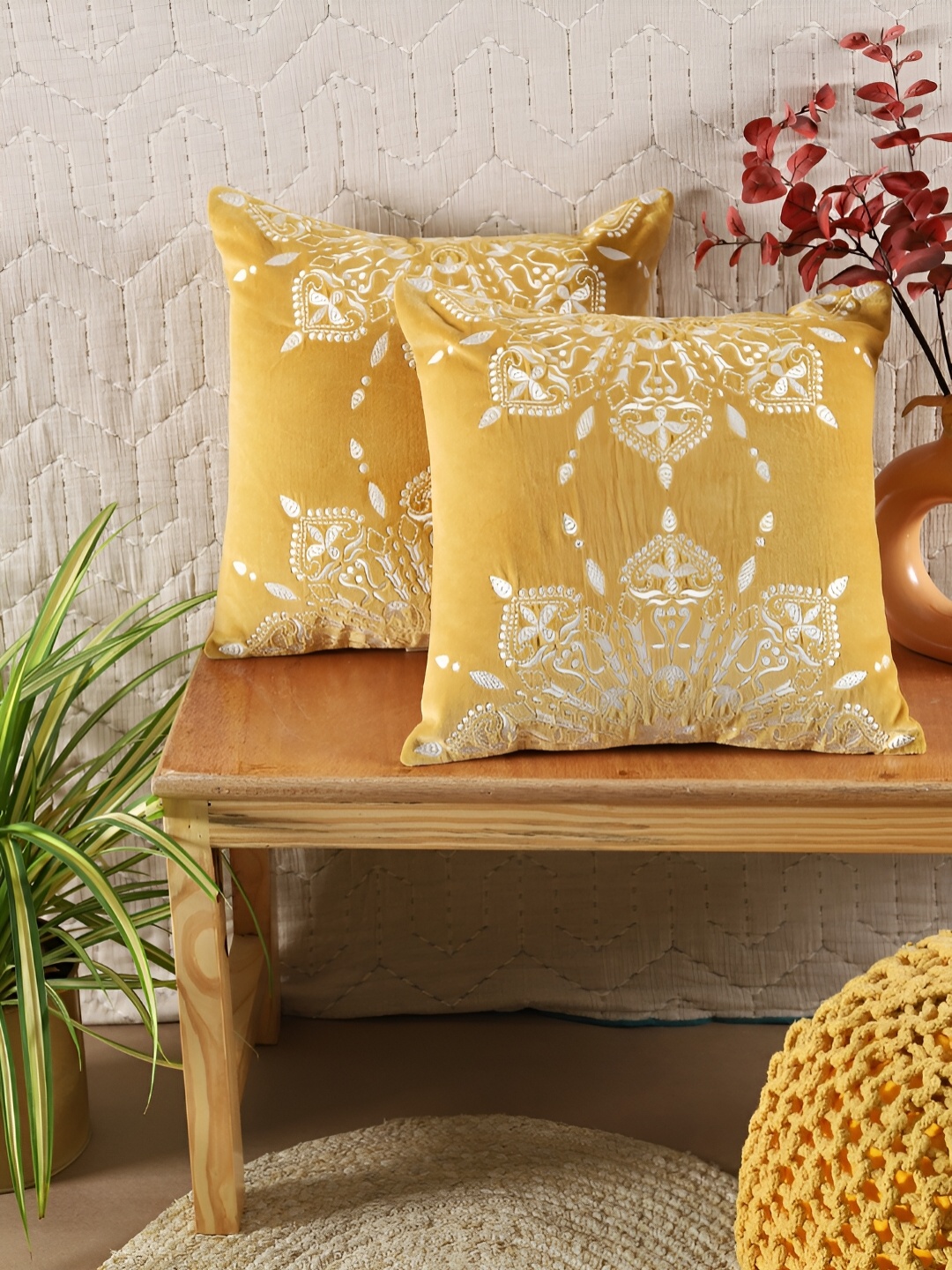

Ratan Cart Silver-Toned & Mustard 2 Pcs Embroidered Square Cotton Cushion Covers
